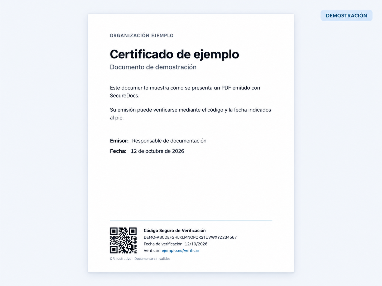 PDF emitido con el bloque visual de SecureDocs Verify & Sign en el margen inferior