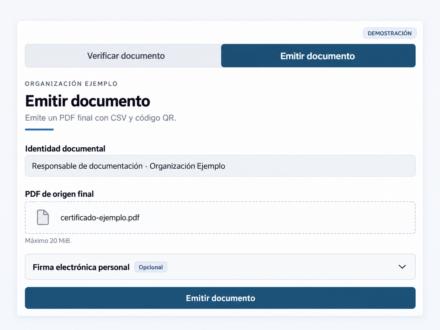 Pantalla de emisión de SecureDocs Verify & Sign mostrando identidad documental y PDF origen