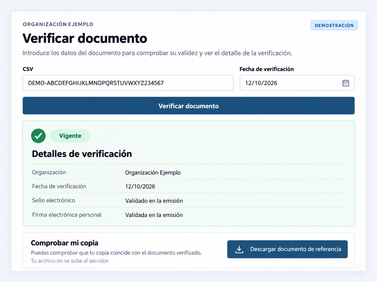Verificador público de SecureDocs Verify & Sign mostrando CSV, fecha, organización y estado